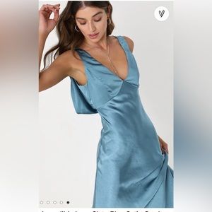 Incredible Love Slate Blue Satin Cowl Back Midi Slip Dress